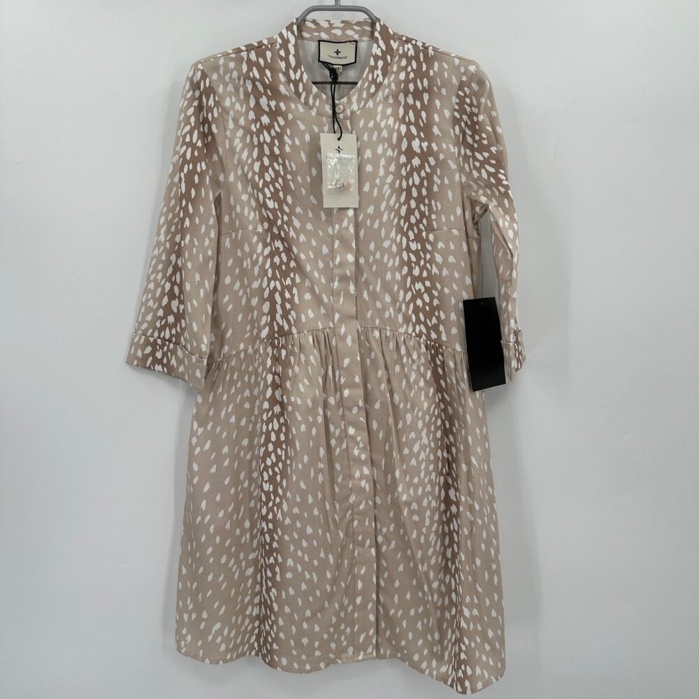 Tuckernuck Royal Shirt Dress Tan Antelope Print sz XXS Women's NWT 3/4 Sleeve